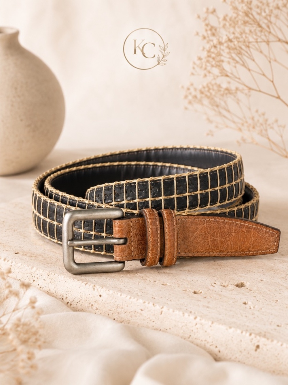 Torino Leather Co Natural Cork Belt Black Camel Size 46 Made in USA  